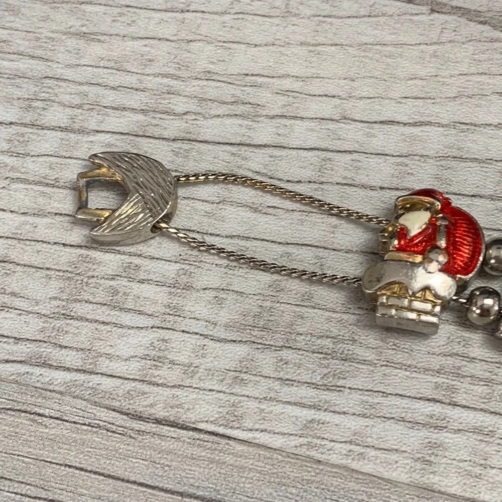 Vintage Christmas Charm Bracelet Silver Tone Enamel Santa Tree Reindeer 7 Inch
